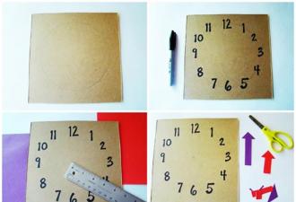 Teaching a child time by clock, educational craft clock